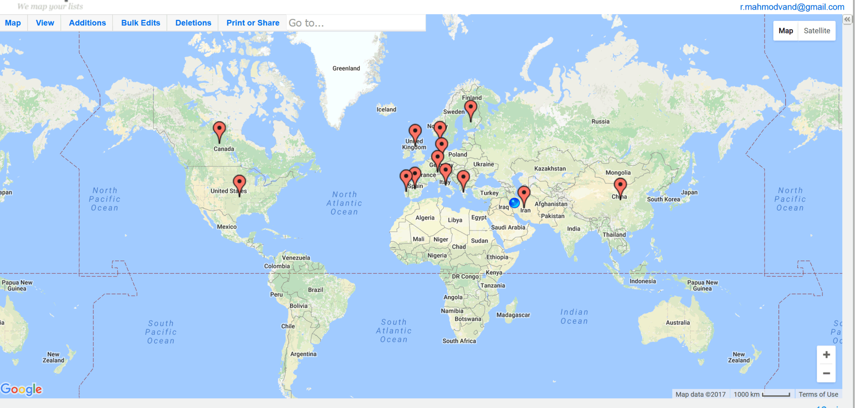 Geographical distribution of authors in the world